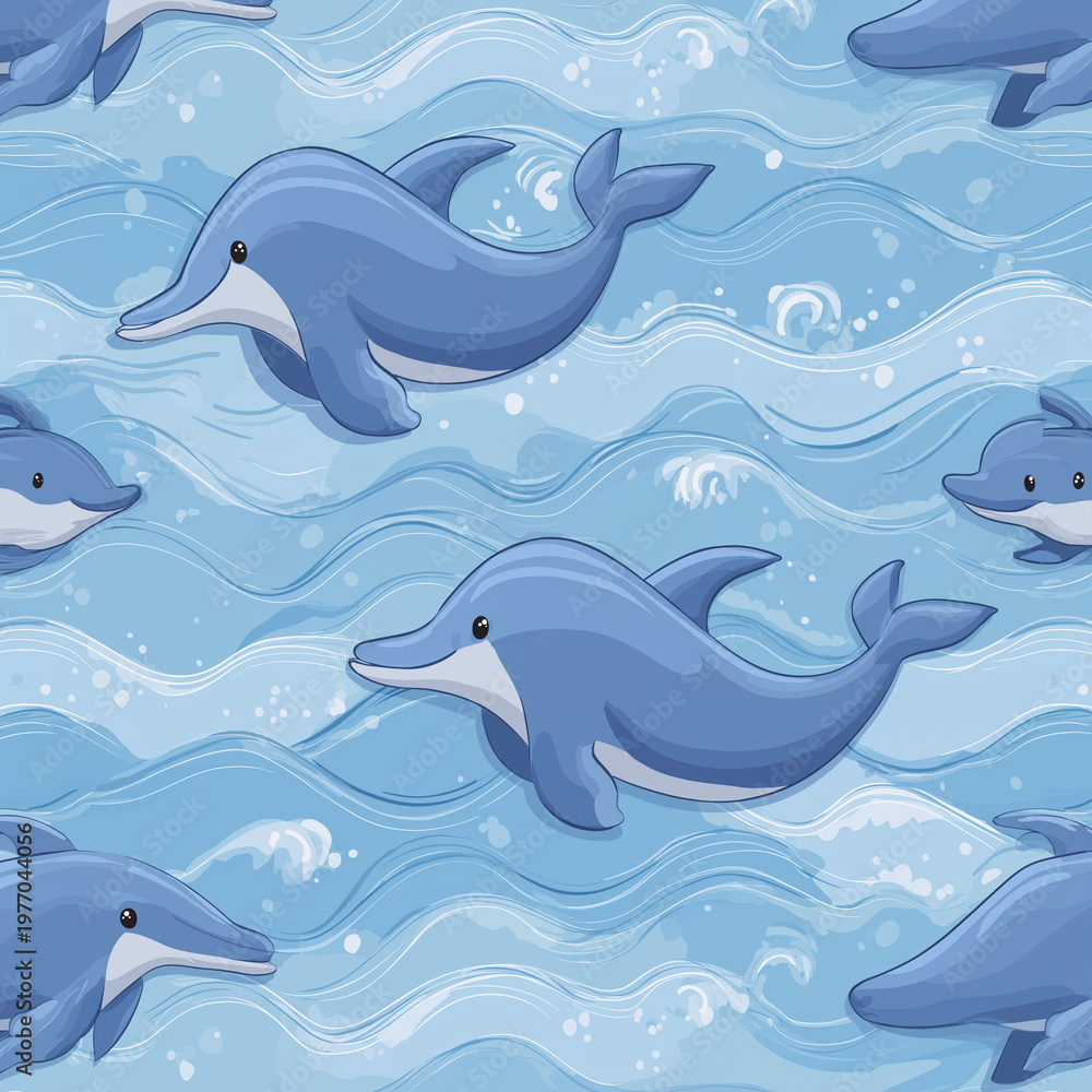 Fototapeta premium Cute cartoon dolphins swimming in wavy blue ocean water