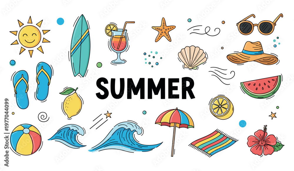 Naklejka premium Summer icons depicting beach items and sunny elements
