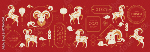 Happy Chinese New Year 2027 goat vector set. Red and gold zodiac animal collection with ornamental frames, lantern, flowers, firecrackers and festive Chinese decorative elements.