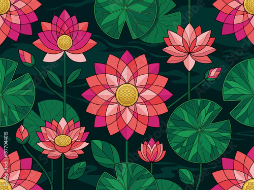 Seamless pattern of stylized pink lotus flowers and green lily pads on a dark pond surface, geometric botanical vector illustration for zen and yoga backgrounds.