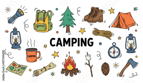 Camping gear displayed around campfire with tent and hiking boots