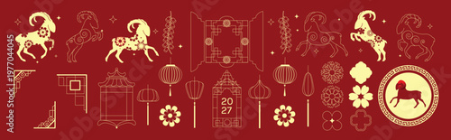 Happy Chinese New Year 2027 goat vector set. Red and gold zodiac animal collection with ornamental frames, lantern, flowers, firecrackers and festive Chinese decorative elements.