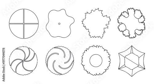 Architectural tree symbols for landscape design, set of 8 minimalist top view plant icons, black outline vector elements for site plans