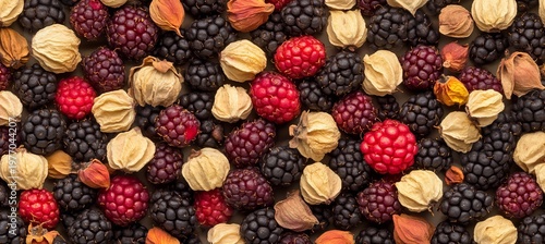 A Beautiful Flat Lay Display of Dried Berries and Seeds Showcasing Nature s Bounty in Soft Lighting