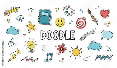 Hand drawn doodles and icons scattered on white background