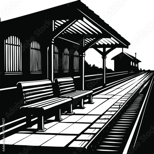 black and white, train station, railway platform, vector illustration, monochrome