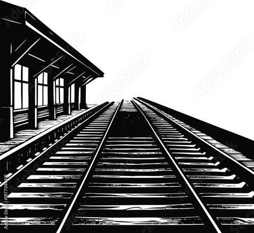 Railway station, train tracks, railroad platform, black and white vector