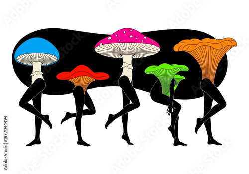Psychedelic Surrealism Illustration of Dancing Mushroom Figures with Human Legs, Vibrant Colorful Fungi Art in Minimalist Style