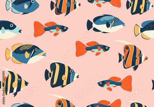 Seamless Pattern of Colorful Tropical Fish, Exotic Marine Life Illustration on Pink Background, Cute Nautical Vector Graphic for Fabric and Wallpaper