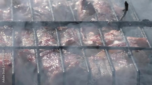 Meat is fried in a grill. The barbecue is large-scale, sizzles, roasts and cooks.
