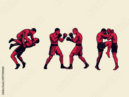 MMA Fighters Illustration Set - Mixed Martial Arts Grappling, Boxing, and Knee Strike Action Poses in Red and Black Vector Style