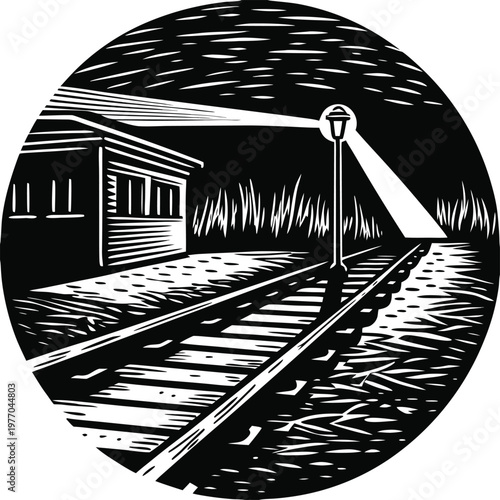 Black and white, vintage railway station, train tracks, night scene, illustration