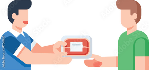 a man in blue shirt giving a package to another man in green shirt