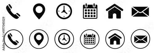 Email, Phone, Location, Time, Clock, Date, Calendar Icons, Web And Contact Icon Set, Simple Black Style Symbols, App And Website UI Elements, Digital Communication Graphics