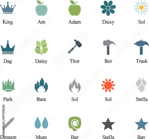 Various icons of objects and symbols are displayed on a plain surface