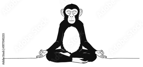 Photography Single continuous line drawing of a funny chimpanzee meditating in a yoga lotus