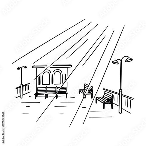 City street, urban landscape, black and white illustration, vector cityscape, road, benches, streetlights