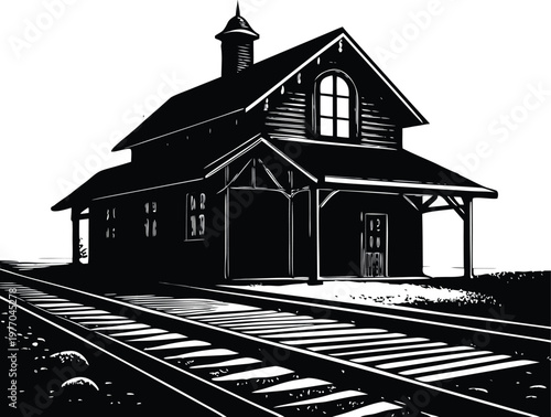 Tableau sur toile Vintage train station, old railway building, black and white illustration, vecto