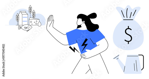 Personal finance, budgeting, cost-saving, dietary choices, healthy eating, financial awareness. Woman rejecting expensive food items, dollar sign bag visible. Budgeting and cost-saving concept