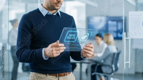 Professional businessman in modern office using futuristic transparent digital tablet to review new rules compliance regulation policy and corporate governance technology for business strategy.