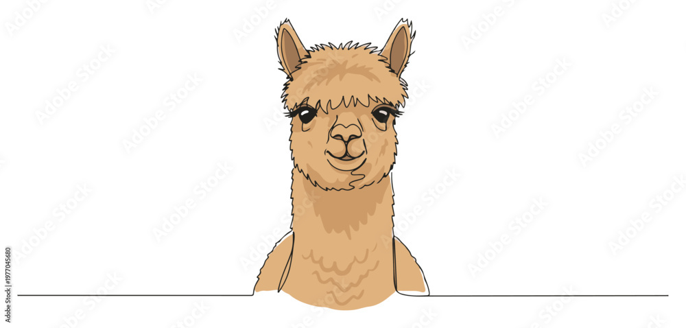 Naklejka premium Single continuous line drawing of a cute smiling llama face Adorable farm animal character or mascot concept Minimalist vector illustration