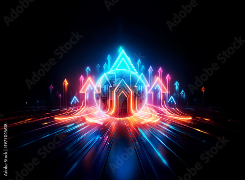 Abstract double exposure of neon arrows pointing upwards. Glowing