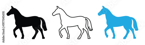 horse silhouette set. horse icon. Set of silhouette of horses. Isolated black silhouette of galloping, jumping running, trotting, rearing horse on white background. Side view.
