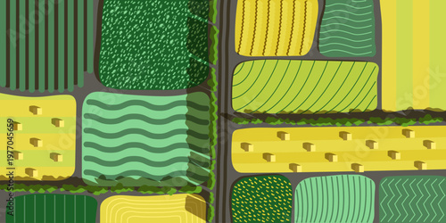 Aerial View of Agricultural Fields with Diverse Crop Patterns