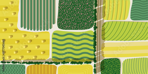 Aerial View of Agricultural Fields with Diverse Crop Patterns