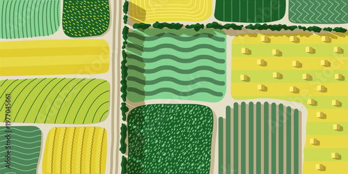 Aerial View of Agricultural Fields with Diverse Crop Patterns