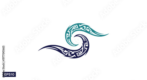A stylized tribal wave design in blue and green hues on a white background with intricate patterns
