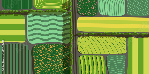 Aerial View of Agricultural Fields with Diverse Crop Patterns