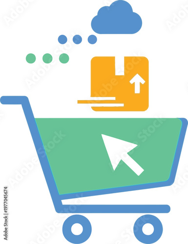 Online shopping and e-commerce delivery concept featuring a digital shopping cart, moving package, and cloud, symbolizing efficient retail logistics and virtual order fulfillment