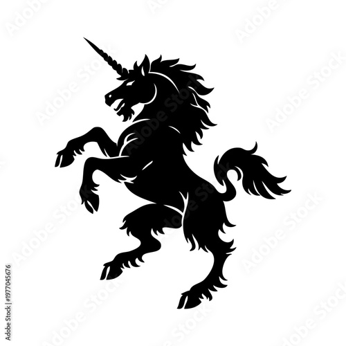 Logotipo con la silueta de un unicornio heráldico al estilo clásico de los emblemas medievales