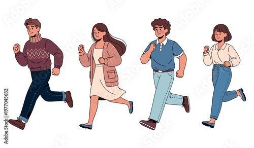 Diverse group of animated young adults jogging together