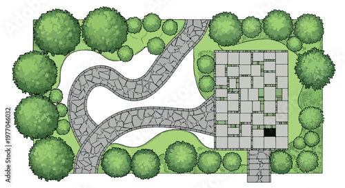Landscape design elements in top view, garden plan vector set with trees and shrubs, stone walkway and patio paving for architectural site maps isolated PNG with Transparent BackgroundWeb