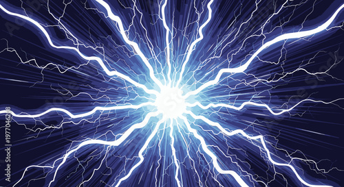 Dynamic blue lightning bolts radiating from a bright central energy source. Abstract electrical power background and science concept.