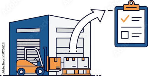 Warehouse logistics illustration with forklift moving boxes to a loading dock and a clipboard with a checklist for inventory management
