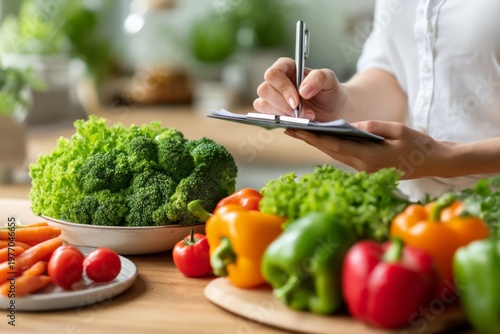 Close Up of Hands Writing a Meal Plan on Clipboard Surrounded by Fresh Vegetables