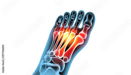 X-ray style visualization of a human foot skeleton showing painful red and yellow metatarsal area isolated on a transparent background