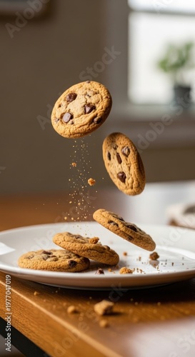 Delicious Chocolate Chip Cookies Levitating Above Plate.