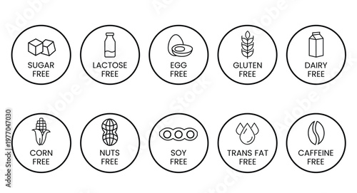 Set allergen free icons. Allergen free label products. Free lactose, gluten, sugar, corn, egg, trans fat, dairy, soy, nuts, caffeine, symbol, logo, badge, black, vector, isolated on white background