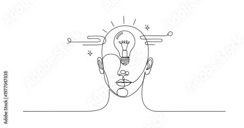 Abstract line art of human head with lightbulb idea concept. None editable stroke