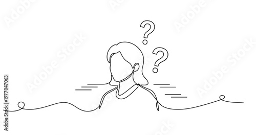 Abstract line art of a puzzled female figure with question marks. None editable stroke