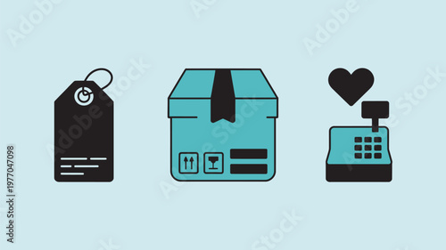 An illustration of e-commerce elements including a price tag, gift box, and cash register with a heart symbol.