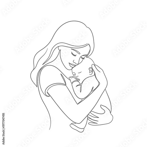 Line drawing of a mother gently holding her newborn baby in an embrace.