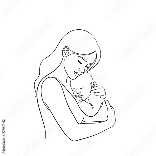 Minimalist line drawing of mother holding newborn baby.
