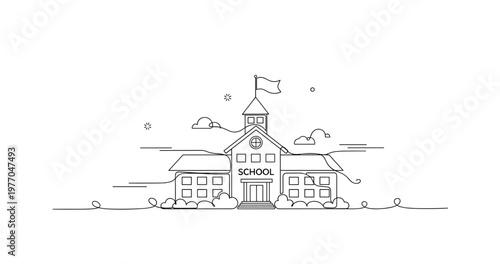 School building with flag and clock on campus grounds. No editable stroke