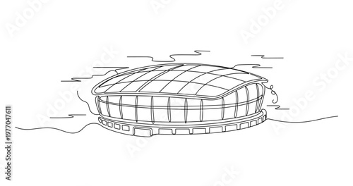 Modern stadium structure on flat site in line drawing. No editable stroke