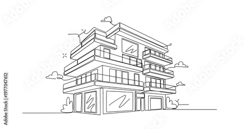 Contemporary apartment building with balconies on street corner. No editable stroke